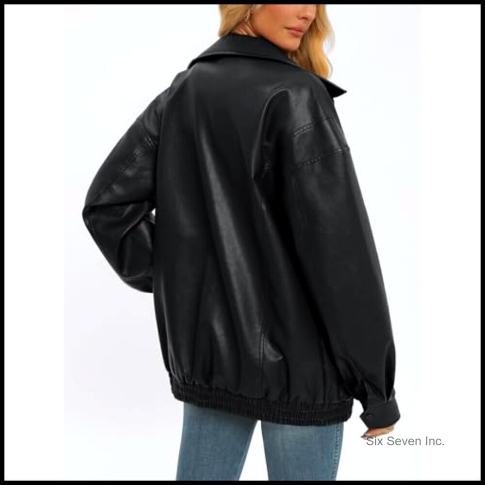 Oversized Faux Leather Biker Jacket Zip Up Motorcycle Style Y2K Trendy - Picture 4 of 5